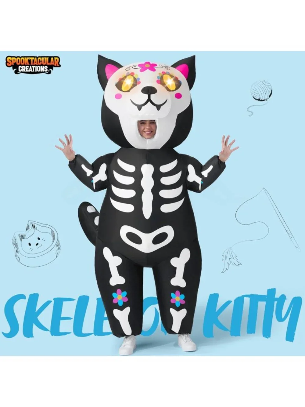 LED Eyes Inflatable Skeleton Cat Costume for Adults - Full Body Halloween Fun